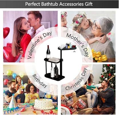 3 Layer Bathtub Tray Table,Bamboo Swivel Bathtub Side Table Height Adjustable,Freestanding Bathtub Tray for Tub Against Wall,Bathtub Accessories&Bathroom Organizer for Luxury Home Spa (Black)