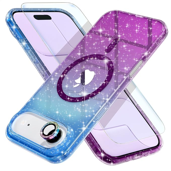 Choiche Magnetic for iPhone 17 Air Case Compatible with MagSafe, Women Cute Glitter Sparkly Phone Case with Diamond Camera Lens Protectors, Military-Grade Drop Protection 6.5" (Blue/Purple)