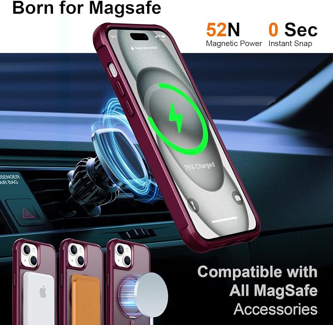 360° Magnetic Swivel Ring for iPhone 15 Plus case, Built-in Metal Stand and Ring Holder, Magsafe Compatible, Military Grade Protection, Shock and Vibration Resistant - Wine Red