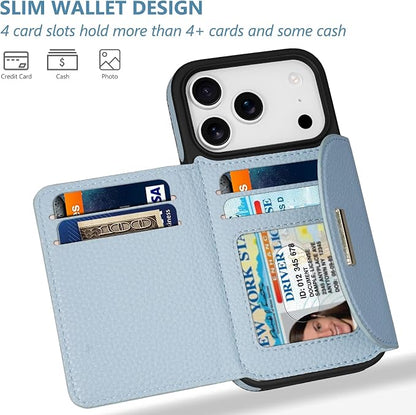 Keallce Wallet Case for iPhone 17 Pro 6.3'', Flip Case with RFID Blocking Card Holder Slots Kickstand, PU Leather Protective Folio Cover for Women, Blue