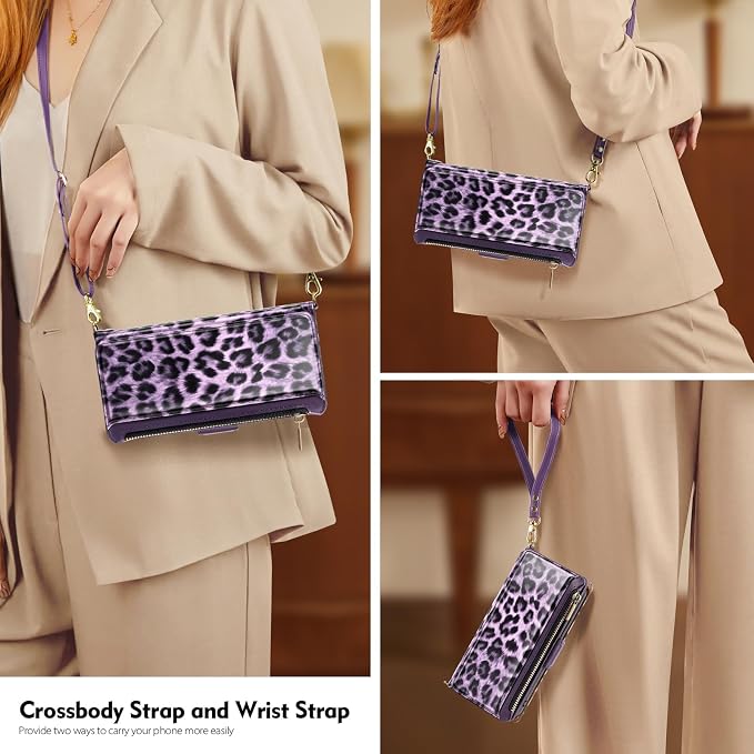 Antsturdy Compatible with iPhone 15 Wallet Case for Women【RFID Blocking】 Crossbody Phone Case PU Leather Zipper Wrist Strap Flip Cover Credit Card Holder Slots,for Apple 15 6.1",Leopard-Purple