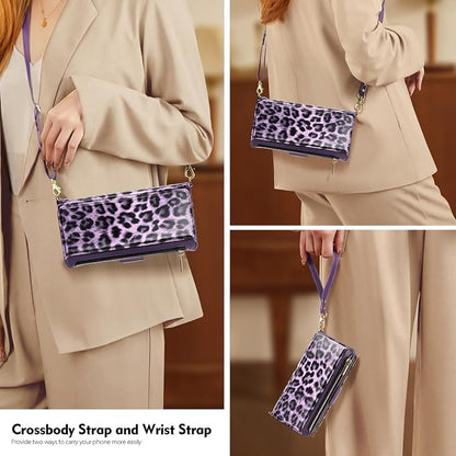 Antsturdy Compatible with iPhone 15 Wallet Case for Women【RFID Blocking】 Crossbody Phone Case PU Leather Zipper Wrist Strap Flip Cover Credit Card Holder Slots,for Apple 15 6.1",Leopard-Purple