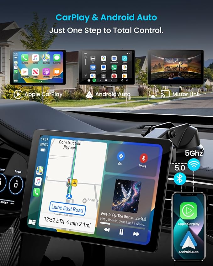 11" Extra Large Wireless Apple CarPlay Screen for Car – Ultra-Slim 0.16 Inch Touchscreen Car Stereo with Android Auto, 4K Dash Cam, 1080p Backup Camera, GPS, Mirror Link, Voice Control