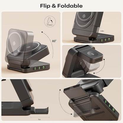 Wireless Charger 3 in 1, Foldable Charging Station for Apple Samsung Multi Devices Charging, Magnetic Charging Stand, Portable Travel Fast 15W Charger Station for iPhone, TWS, iWatch (Black)