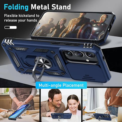 Janmitta Compatible with Samsung Galaxy S25 Plus/S24 Plus Case Built in Slide Camera Lens Cover+Screen Protector+Finger Ring Holder Kickstand,Heavy Duty Shockproof Full Body Phone Cover,Blue