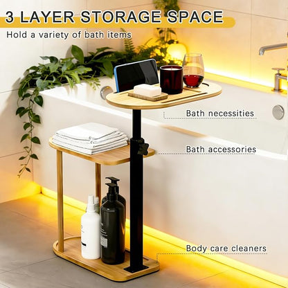 3-Tier Freestanding Bathtub Tray Table, Adjustable Bamboo Bath Caddy with Swivel Design, Standing Bath Shelf for Home Spa, Natural
