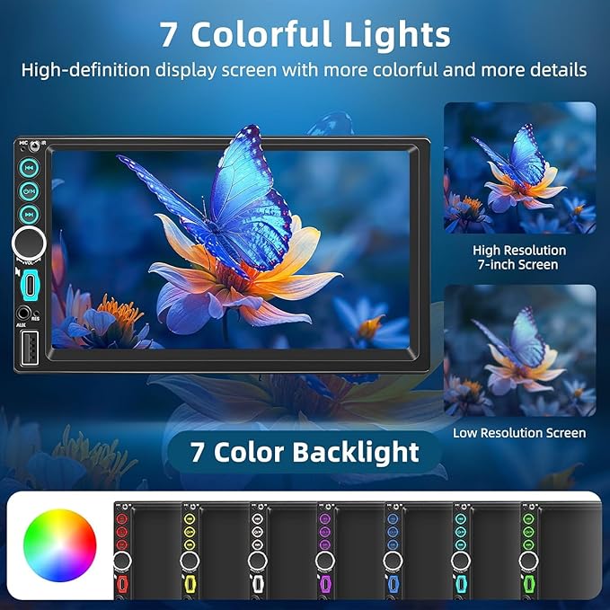 7'' Wireless Double Din Car Stereo Carplay Radio Screen for Car Audio Receivers, Bluetooth Car Play Android Auto Touchscreen, Mirror Link, FM/AM, Backup Camera, Type-C