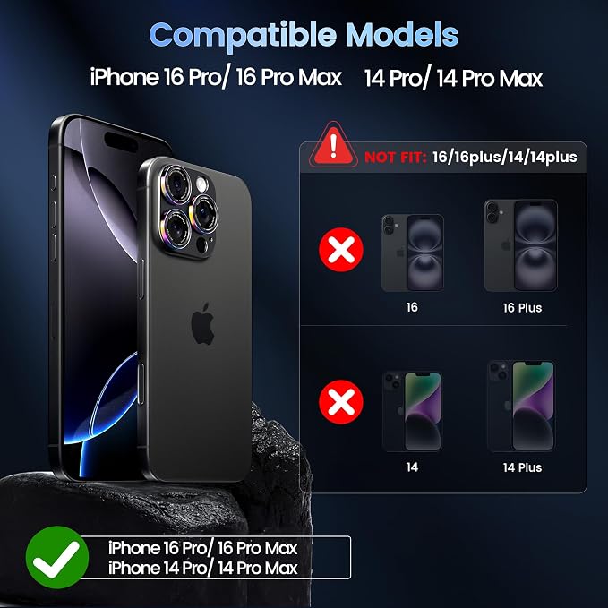 CACOE Camera Lens Protector for iPhone 14 Pro/14 Pro Max/16 Pro/16 Pro Max - Metal Frame Tempered Glass Cover, [Anti-Scratch] [Drop-Proof][Strong-Adhesion] Camera Screen Cover (Colorful)
