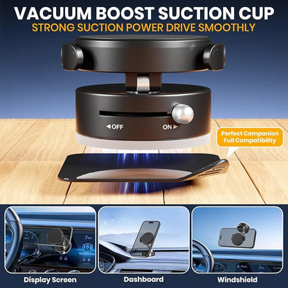 Upgraded 360° Adjustable Vacuum Magnetic Phone Holder, Vacuum Suction Magnetic Phone Mount with Clamp Foldable Phone Holder for Car/Gym/Mirror/Smooth Surface, Suitable with All Smartphones (Black)