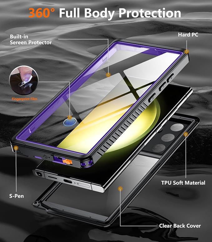 Temdan for Samsung Galaxy S23 Ultra Case Waterproof with Built-in Screen Protector 360 Full Body Shockproof Dustproof for Samsung S23 Ultra 5G Phone Case Heavy Duty Protective Purple