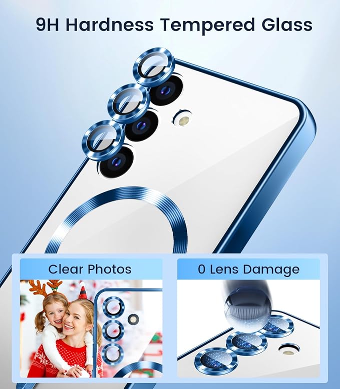 Slim Thin for Samsung Galaxy S25 Plus Clear Case, Compatible with MagSafe, Built-in Camera Lens Protector, Shockproof Protective Phone Case, Electroplated Bumper Cover, Sapphire Blue