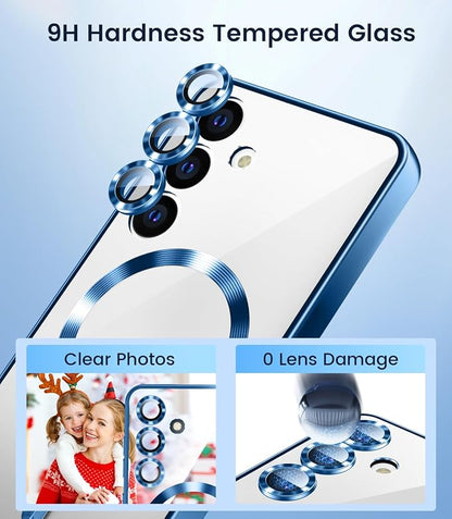 Slim Thin for Samsung Galaxy S25 Plus Clear Case, Compatible with MagSafe, Built-in Camera Lens Protector, Shockproof Protective Phone Case, Electroplated Bumper Cover, Sapphire Blue