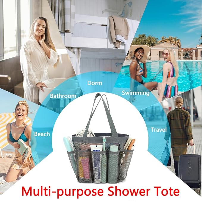 Fammart Mesh Shower Caddy Portable for College Dorm Room Essentials, 8-Pocket Large Shower Basket Tote Bag with 2 Handles for Toiletry, Bathroom, Beach, Camp, Gym