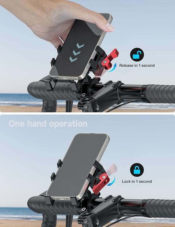 Tiakia Bike Phone Mount Holder, Aluminum Motorcycle Phone Mount, Handlebar Mounted Cell Phone Holder for Bike, 360° Rotation, Universal Bicycle Phone Mount for 4.5-7 Inch Phones (Upgrade-Black Red)