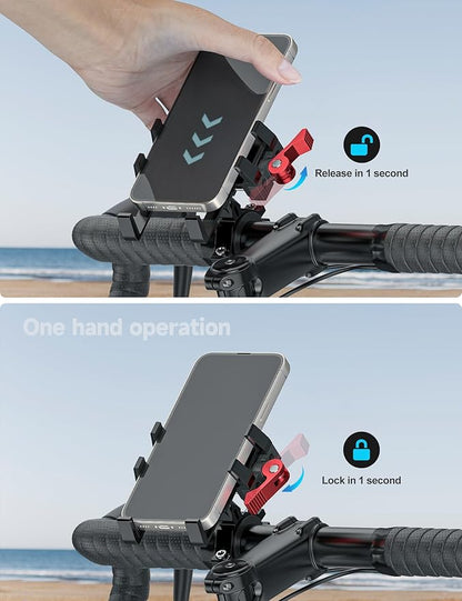 Tiakia Bike Phone Mount Holder, Aluminum Motorcycle Phone Mount, Handlebar Mounted Cell Phone Holder for Bike, 360° Rotation, Universal Bicycle Phone Mount for 4.5-7 Inch Phones (Upgrade-Black Red)