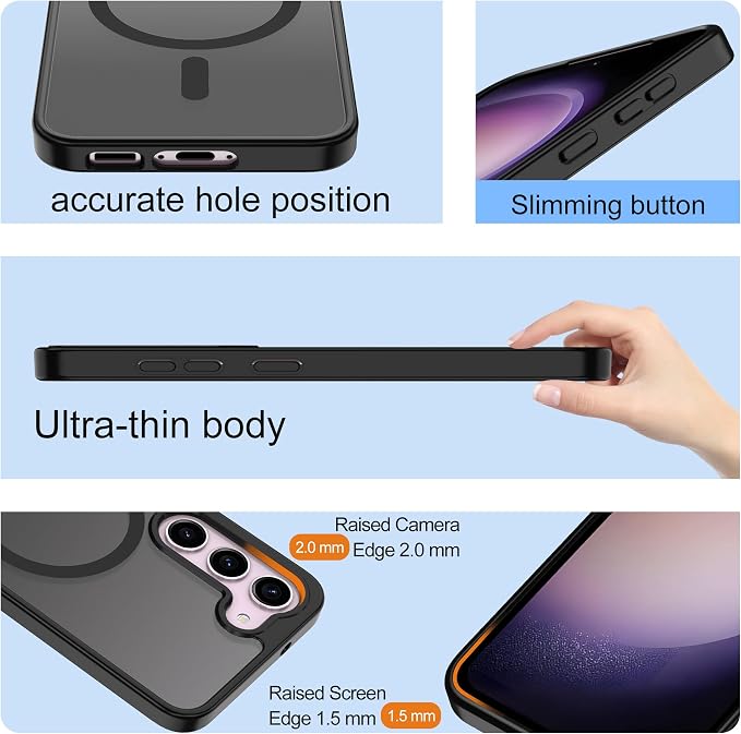 Pilaru for Samsung Galaxy S23 Case [Compatible with Magsafe] Translucent Matte Magnetic S23 Phone Case,SlimThin Duty Shockproof Protection Cover with 2pc HD Screen Protector for S23-Black