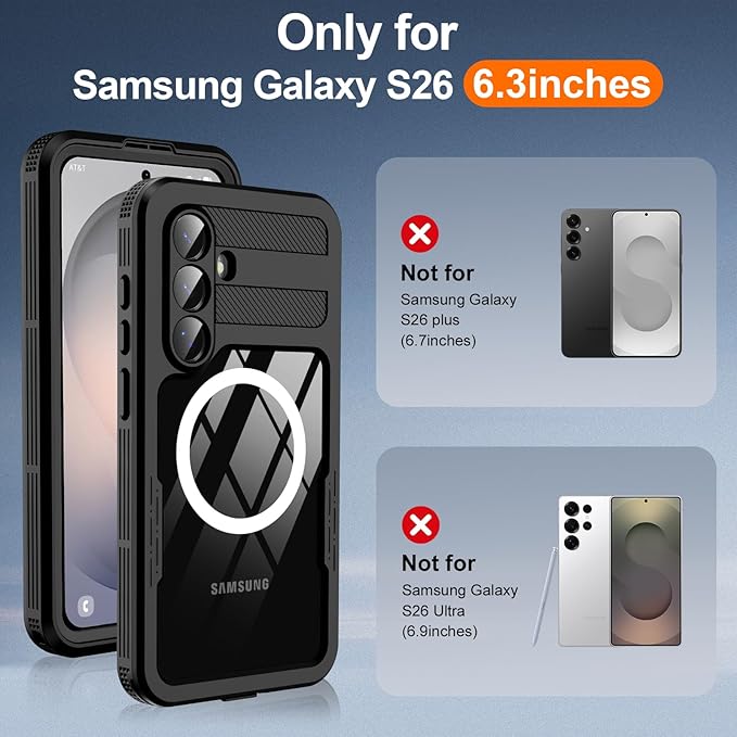 GOLDJU for Samsung Galaxy S26 Case Waterproof, Galaxy S26 Case with Built-in Screen & Lens Protector, Shockproof Full Body Protection Phone Case, Compatible with MagSafe/Wireless Charging, Black