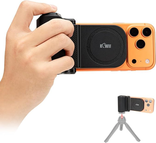 KIWIFOTOS Magnetic Phone Camera Grip for iPhone 17 Magsafe Handle with Bluetooth Remote & Tripod Mount Adapter for iPhone 16 15 Pro Max Samsung Smartphone Vlog Video Shooting