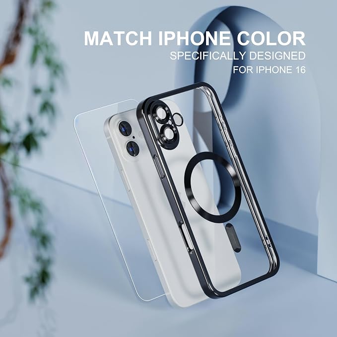 Misea Magnetic for iPhone 16 Case Compatible with MagSafe [Never Yellowing] [Military Grade Drop Protection] Full Camera Lens Protector Plating Soft Clear Phone Case for Women 6.1 inch, Black
