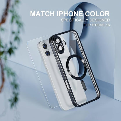 Misea Magnetic for iPhone 16 Case Compatible with MagSafe [Never Yellowing] [Military Grade Drop Protection] Full Camera Lens Protector Plating Soft Clear Phone Case for Women 6.1 inch, Black