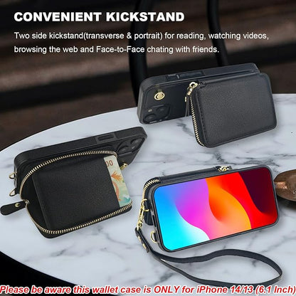 Bocasal for MagSafe Crossbody Wallet Case Compatible with iPhone 14 iPhone 13, RFID Blocking Protective Purse Case with Card Slots Holder Kickstand Wrist Strap Lanyard Zipper 6.1 Inch 5G (Black)