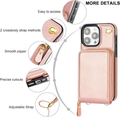 KIHUWEY Crossbody Wallet Case for iPhone 15 Pro Max, Zipper Pocket Case with Card Holder, PU Leather RFID Blocking Protective Cover with Kickstand and Detachable Wrist Strap Lanyard - 6.7" (Rose Gold)