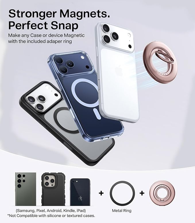 TORRAS 2025 Flagship Magnetic Phone Grip Ring Holder Kickstand [2-Sided Magnetic] [360 Rotation] Fit for MagSafe Accessories for iPhone 17 16 15 14 13 12 11 Samsung, Google, Dusty Rose Gold