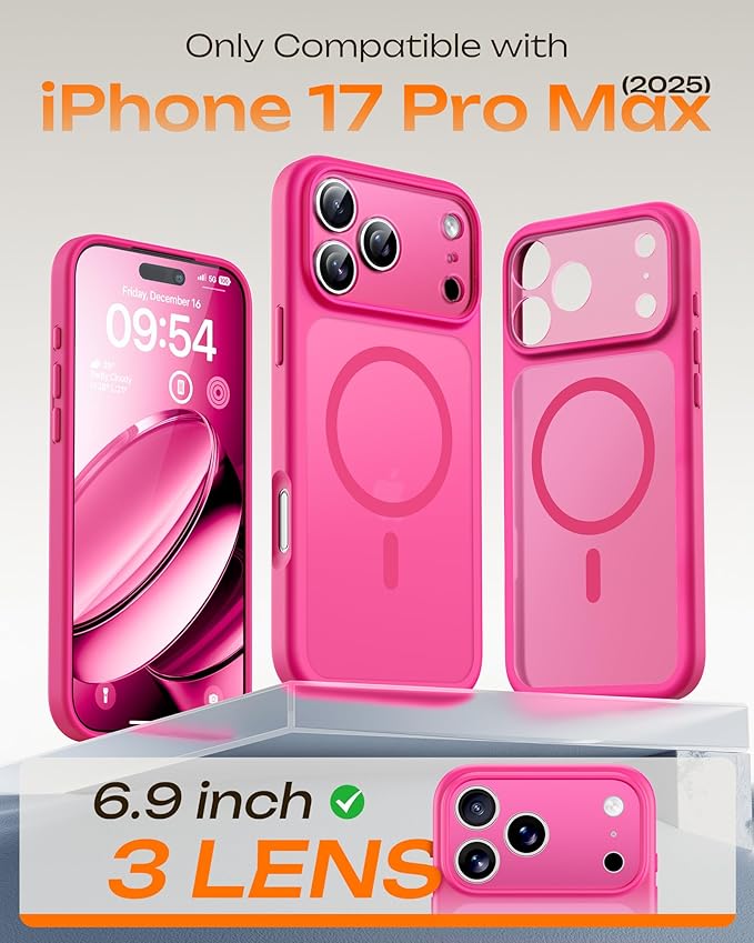 TOCOL for iPhone 17 Pro Max Case, Compatible with Magsafe Charger, Full Camera Protection, Translucent Matte for iPhone 17 Pro Max Phone Case 6.9 inch (Hot Pink)