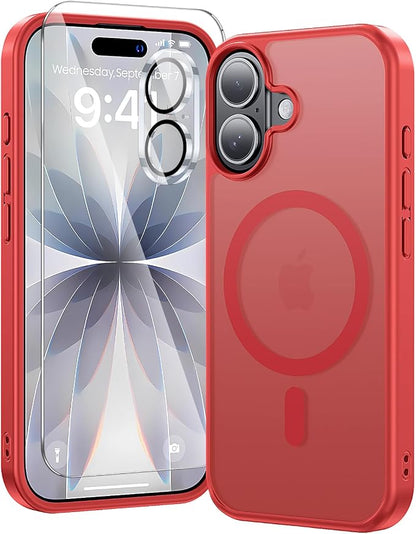 3 in 1 for iPhone 17 Case Matte Red,Fits MagSafe, Screen Protector*1 Camera Lens Protector*1,Matte Skin Feeling Back, Cover Military-Grade Protection