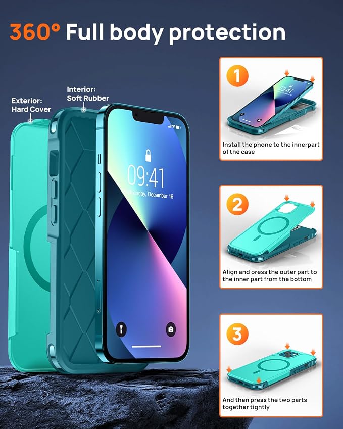 Lanhiem Magnetic for iPhone 13 Case, 2 Pack [Tempered Glass Screen Protectors+Camera Lens Protectors] 10 FT Military Grade Drop Protection Anti-Fingerprint Slim Phone Cover for iPhone 13 (Light Blue)
