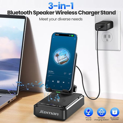 Jteman Cell Phone Stand with Bluetooth Speaker and Wireless Charger,Desktop Charging Station Stand Speaker for iPhone,Christmas Birthday Gift for Men Women (Black)