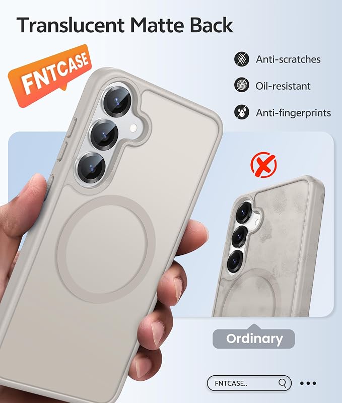 FNTCASE for Samsung Galaxy S25/S24 Case, Fit for Magsafe, Screen Protector | Translucent Matte Magnetic Back, 14FT Military Grade Drop Protection, Shockproof Protective Phone Cover, Off White