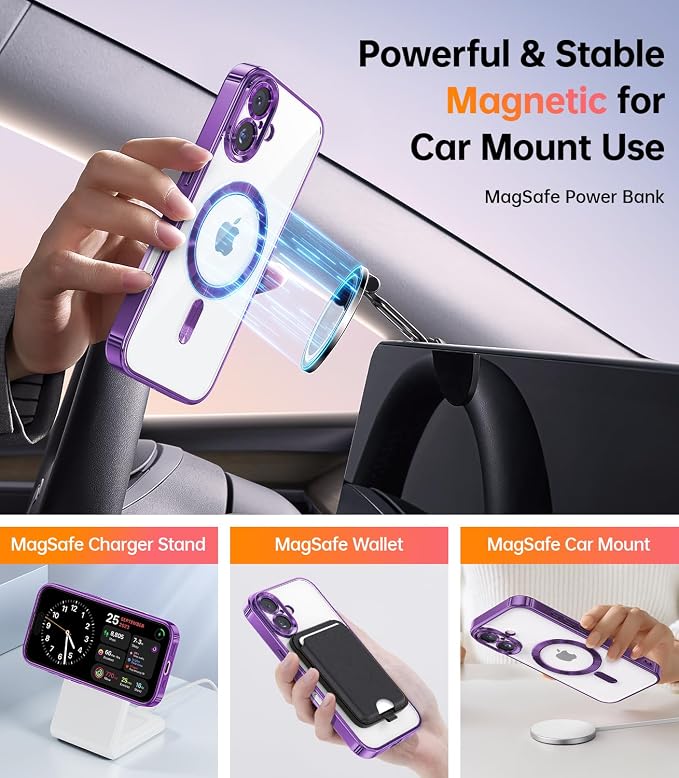 Meifigno Designed for iPhone 17 Case with Ring Stand (6.3"), [Built-in Mirror] [Compatible with MagSafe] [Glitter Card & Wrist Strap] Removable Phone Stand +Designed for iPhone 17 Case, Purple