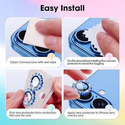 Xfilm for iPhone 16/16 Plus Camera Lens Protector Bling Individual Sun Design Diamond Ring 9H Hardness Scratchproof Protector, Stylish Phone Accessories, Case Friendly (Blue)