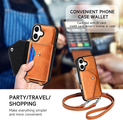 LUCKYCOIN for iPhone 17 Crossbody Wallet Case – Genuine Leather Phone Purse with Adjustable Strap and Card Holder,Lanyard Phone Purse Case for Women,Vintage Brown