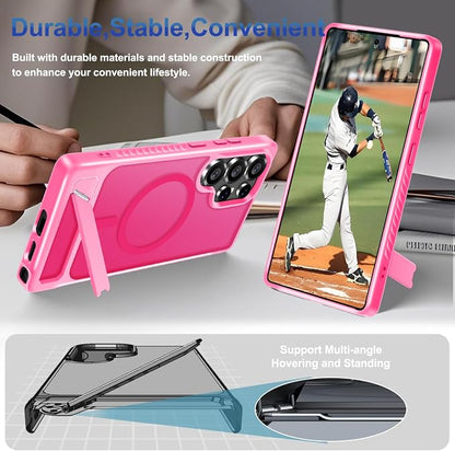 for Samsung Galaxy S25 Ultra Case with Screen Protector+Lanyard Wrist Strap,Magnetic Translucent Matte Rugged Slim Phone Cover Built in Invisible Kickstand [Fit for MagSafe],2025 Hot Pink