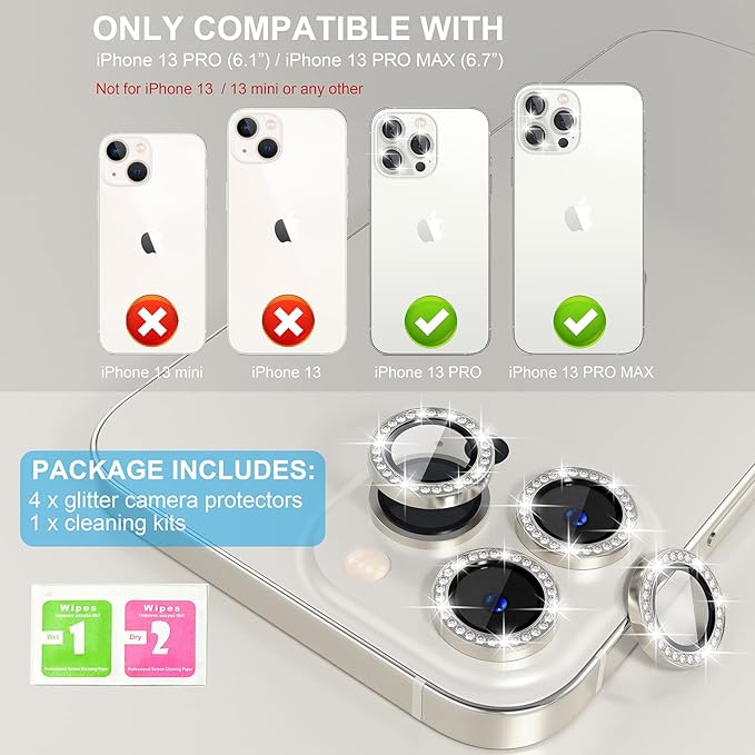 Choiche Compatible for iPhone 13 Pro/iPhone 13 Pro Max Camera Lens Protector Bling, 9H Tempered Glass Camera Cover Screen Protector Metal Ring Decoration Accessories (Diamond-Silver)