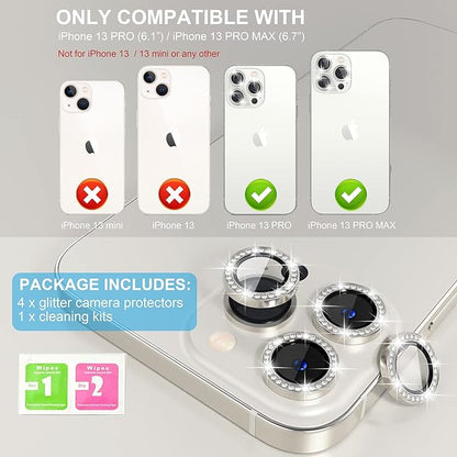 Choiche Compatible for iPhone 13 Pro/iPhone 13 Pro Max Camera Lens Protector Bling, 9H Tempered Glass Camera Cover Screen Protector Metal Ring Decoration Accessories (Diamond-Silver)