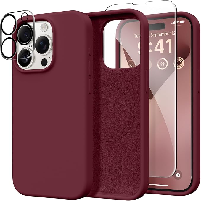 GONEZ for iPhone 15 Pro Max Case Silicone, Compatible with Magsafe, Camera Protector + Screen Protector, Soft Anti-Scratch Microfiber Lining, Liquid Silicone Shockproof Phone Cover, Maroon