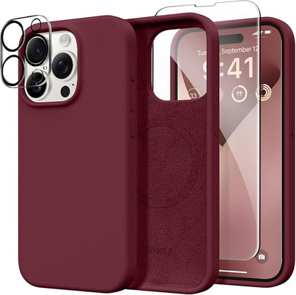 GONEZ for iPhone 15 Pro Max Case Silicone, Compatible with Magsafe, Camera Protector + Screen Protector, Soft Anti-Scratch Microfiber Lining, Liquid Silicone Shockproof Phone Cover, Maroon