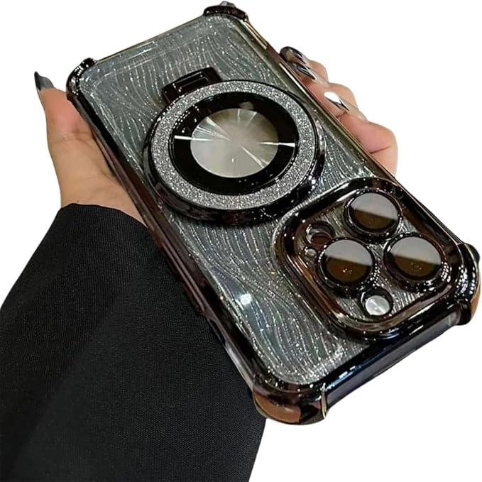 for iPhone Four Corners Airbag Drop Protection Magnetic Stand Case, Water Ripple Phone Case, for iPhone 16/15/14/13/12/11Pro Max (Black,for iPhone 16)