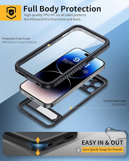 Lanhiem for iPhone 14 Pro Case with Kickstand, IP68 Waterproof Dustproof Case Built-in Screen Protector, Full Body Heavy Duty Shockproof Phone Cover for iPhone 14 Pro, 6.1 Inch (Black)