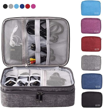 Double Layers Electronics Organizer Bag, EXKOKORO Protable Accessories Carrying Case Cable Organizer Bag Waterproof Cable Storage Bag for Charging Cable, Power Bank, Cellphone, USB and More(Black)