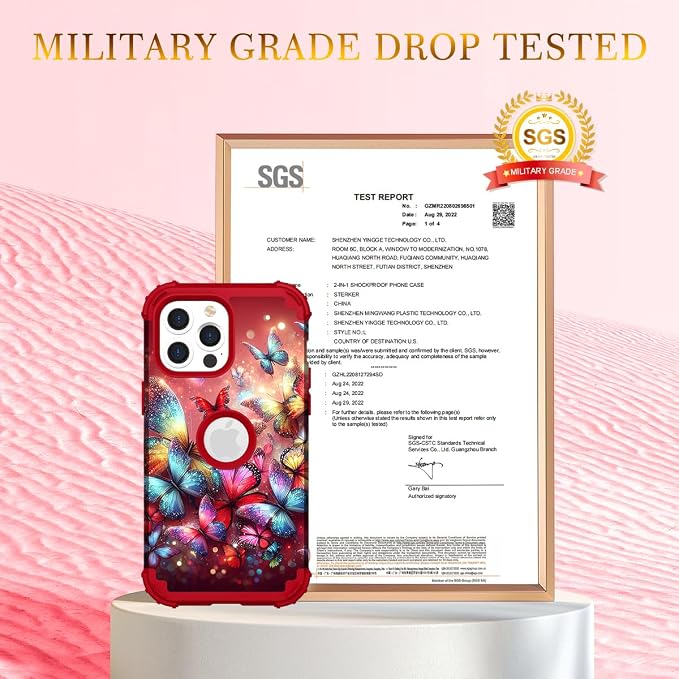 Hocase for iPhone 15 Pro Case, Heavy Duty Shockproof Protection Soft Silicone Rubber Bumper+Hard Plastic Hybrid Protective Case for iPhone 15 Pro 6.1" 2023 - Shimmering Butterflies in Red