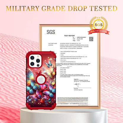 Hocase for iPhone 15 Pro Case, Heavy Duty Shockproof Protection Soft Silicone Rubber Bumper+Hard Plastic Hybrid Protective Case for iPhone 15 Pro 6.1" 2023 - Shimmering Butterflies in Red