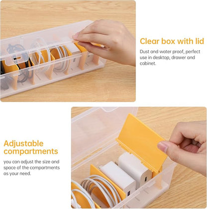 PAVSTINE Clear Cable Organizer Box with Lid and Adjustable Dividers | Customizable Compartments, Stackable for Space Saving, Fits Chargers, Cords & Accessories, Compact for Desk or Drawer