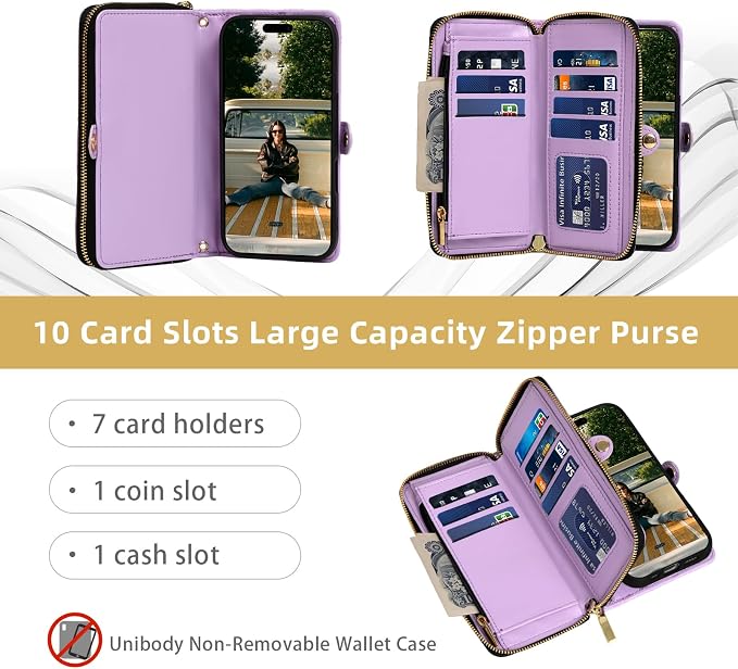 Rssviss Crossbody Case for iPhone 17 Case Wallet, RFID Blocking Leather with Card Holder Kickstand, Handbag Zipper Flip Cover with Wrist Strap for iPhone 17 Men Women 6.3", Purple
