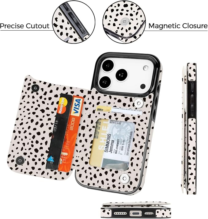 uCOLOR for iPhone 17 Pro Wallet Case with Card Holder PU Leather RFID Blocking Design iPhone 17 Pro flip case for Women Men Magnetic Clasp Kickstand Design 6.3 inch (Almond Latte Polka Dot)