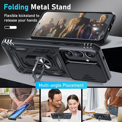 Janmitta Compatible with Samsung Galaxy S25 Plus/S24 Plus Case Built in Slide Camera Lens Cover+Screen Protector+Finger Ring Holder Kickstand,Heavy Duty Shockproof Full Body Phone Cover,Black