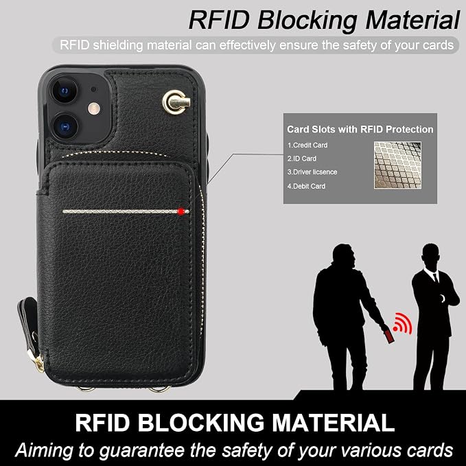 Bocasal Crossbody Wallet Case for iPhone 11, RFID Blocking Leather Purse Case with Card Holder, Protective Handbag Flip Cover with Zipper Wrist Strap Lanyard for Women 6.1 Inch (Black)